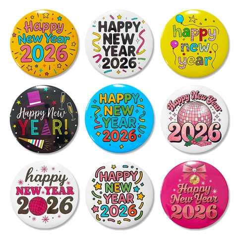 Insignias De Hojalata Happy New Year 2026 Pines Redondos De Colores Para Decoraciones De Celebración De Fiesta