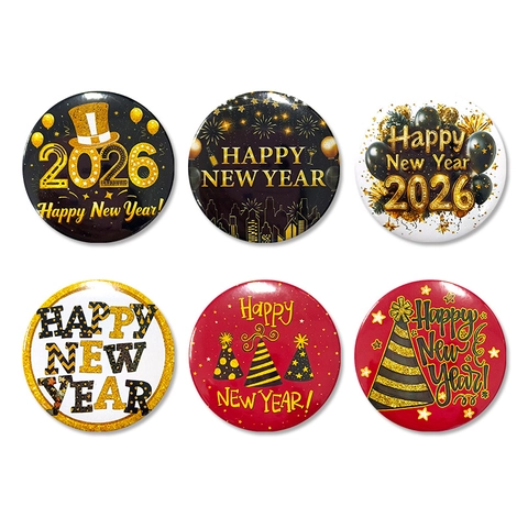 Happy New Year 2026 Tinplate Badge Pin Round Party Brooch With Fireworks Balloon Star Pattern For Festive Celebration Event Gift