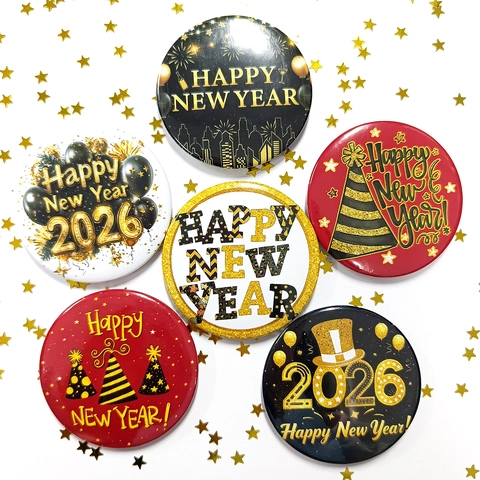 Happy New Year 2026 Tinplate Badge Pin Round Party Brooch With Fireworks Balloon Star Pattern For Festive Celebration Event Gift