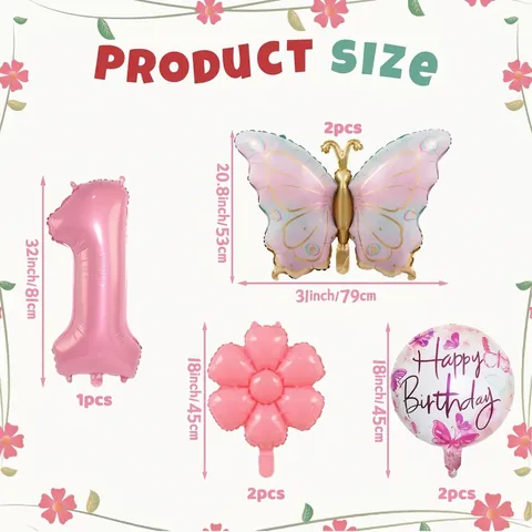 Pink Butterfly Aluminum Foil Balloon Set Birthday Party Decoration Number Butterfly Flower Balloons Kit For Kids Celebration