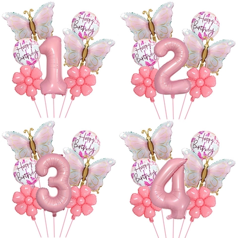 Pink Butterfly Aluminum Foil Balloon Set Birthday Party Decoration Number Butterfly Flower Balloons Kit For Kids Celebration