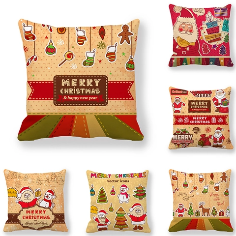 Merry Christmas Cartoon Santa Snowman Printed Peach Skin Fabric Square Pillowcase Decorative Throw Cushion Cover For Home