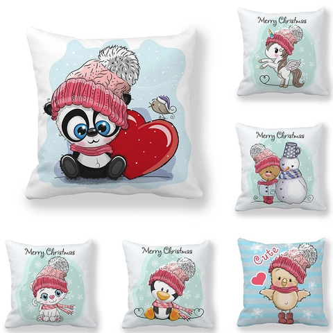 Weihnachten Cartoon Tiere Kissenbezug Pfirsichhaut Stoff Kissenhülle Frohe Weihnachten Panda Einhorn Katze Schneemann Muster Deko Kissenhülle