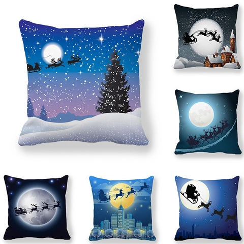Kerstmis Rendier Sterrenhemel Kussensloop Perzikhuid Stof Decoratieve Kussenhoes Kerstman Slee Maan Scène Huis Decoratie Vakantie