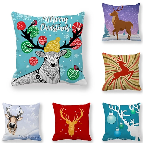 Funda De Cojín De Navidad Estampado De Reno Piel De Melocotón Poliéster Decorativa Para Sofá Decoración Del Hogar