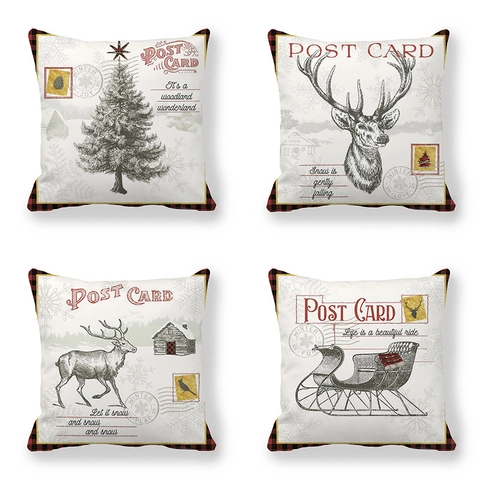 Vintage Kerst Ansichtkaart Kussenhoezen Buffalo Plaid Rand Hert Slee Hut Winter Decoratieve Kussenslopen Perzikhuid