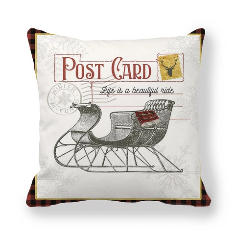 Vintage Kerst Ansichtkaart Kussenhoezen Buffalo Plaid Rand Hert Slee Hut Winter Decoratieve Kussenslopen Perzikhuid