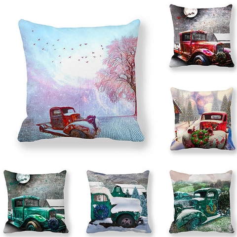 Christmas Retro Red Truck Decorative Pillowcase Peach Skin Velvet Winter Snow Landscape Farmhouse Cushion Cover For Sofa Home Decor