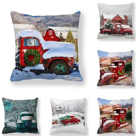 Christmas Vintage Red Truck Throw Pillow Covers Winter Snow Landscape Farmhouse Peach Skin Velvet Decorative Cushion Case