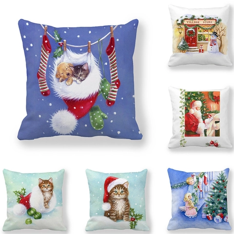 Fodera per Cuscino Natalizio in Tessuto Pelle di Pesca Illustrazione Acquerello Babbo Natale Pupazzo di Neve Albero di Natale Decorazione Festiva Federa Quadrata