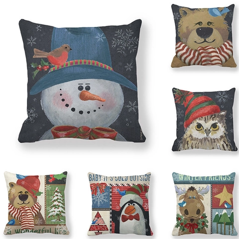 Christmas Pillowcase Peach Skin Velvet Winter Animal Illustration Decorative Cushion Cover For Sofa Home Decor Holiday Atmosphere