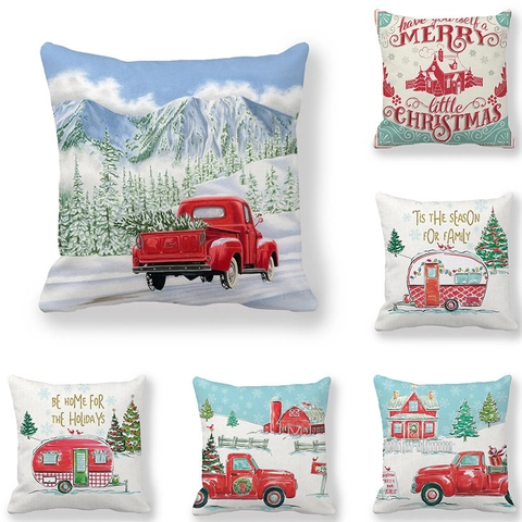 Christmas Pillow Case Cushion Cover Peach Skin Polyester Retro Red Truck Tree Snowflake Holiday Party Home Sofa Decor