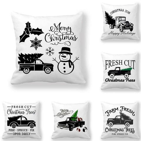 Christmas Cushion Cover Vintage Black Truck Tree Peach Skin Velvet Decorative Throw Pillowcase For Sofa Christmas Decor