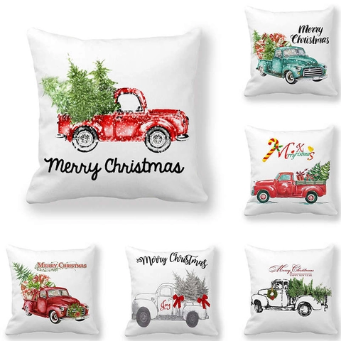 Vintage Christmas Truck Peach Skin Velvet Pillowcase Decorative Throw Pillow Cover For Home Living Room Sofa Decor Merry Christmas Prints