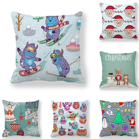 Christmas Peach Skin Polyester Throw Pillow Case Santa Claus Reindeer Snowman Print Cushion Cover For Sofa Home Decor