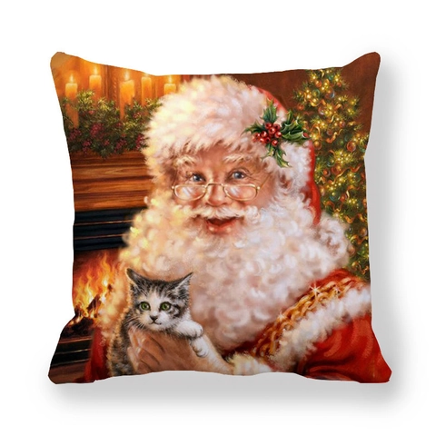 Nordic Christmas Linen Pillowcase Decorative Sofa Cushion Cover Santa Claus Snowman Reindeer Printed Holiday Home Decor Square Pillow Case