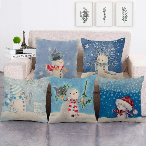 Fodera per Cuscino Decorativa in Lino con Pupazzo di Neve di Natale Copricuscino Quadrato per Divano Soggiorno Decorazioni Natalizie Invernali