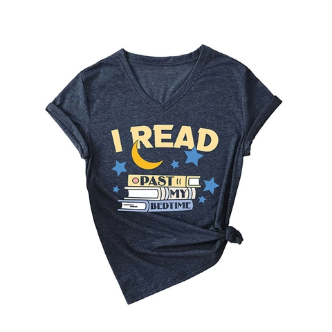 Maglietta Da Donna Con Scollo A V Maniche Corte Stampa Grafica I Read Past My Bedtime Misto Cotone Top Casual Novità