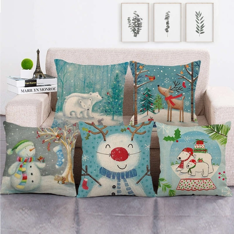 Christmas Linen Throw Pillow Case Cartoon Snowman Reindeer Animal Pattern Decorative Square Cushion Cover For Sofa Home Decor
