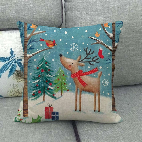 Christmas Linen Throw Pillow Case Cartoon Snowman Reindeer Animal Pattern Decorative Square Cushion Cover For Sofa Home Decor
