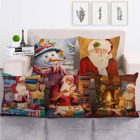 Kerst Kerstman Sneeuwpop Linnen Polyester Kussenhoes Vintage Feestelijk Bank Sofa Vierkant Sierkussenhoes Huisdecoratie