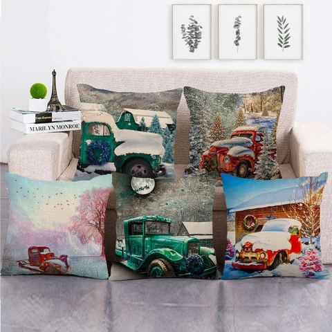 Kussensloop Linnen Kerstmis Vintage Truck Winter Sneeuwscène Retro Boerderijstijl Decoratieve Hoes Huis Bank Decoratie