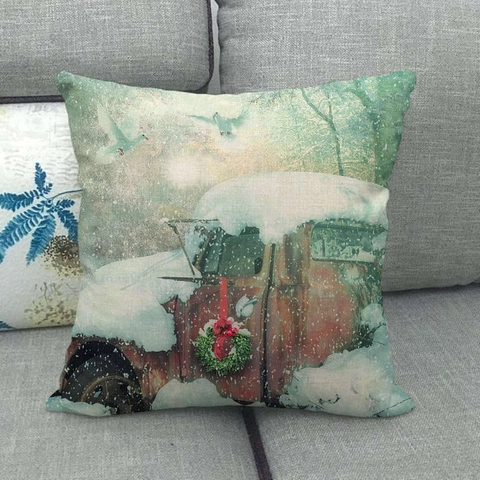 Kussensloop Linnen Kerstmis Vintage Truck Winter Sneeuwscène Retro Boerderijstijl Decoratieve Hoes Huis Bank Decoratie
