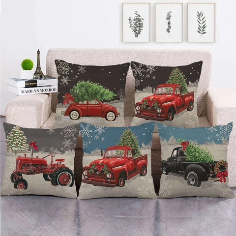 Fodere Per Cuscini Di Natale In Lino Camion Rosso Trattore Albero Stampa Digitale Decorazione Casa Per Divano
