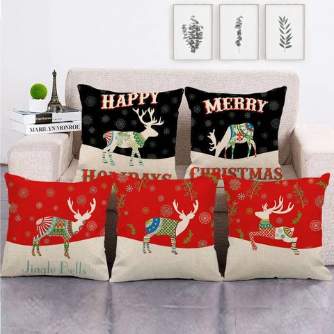 Funda de Cojín de Navidad Lino Estampado Reno Copo de Nieve Cuadrado Decoración de Sofá Hogar Fiesta