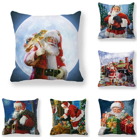 Weihnachten Weihnachtsmann Kissenbezug Vintage Ölgemälde Stil Quadratischer Kissenbezug Für Haus Sofa Urlaub Dekor