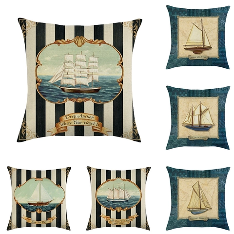 Vintage Nautical Linen Throw Pillow Cover Sailboat Anchor Compass Square Cushion Case For Sofa Living Room Home Decor