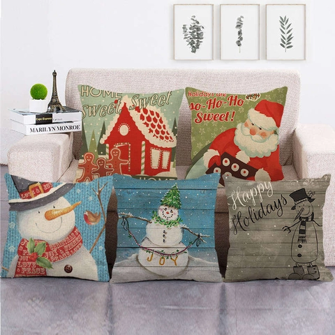 Christmas Throw Pillow Cover Linen Blend Winter Snowman Santa Print Square Decorative Cushion Case For Sofa Home Holiday Decor