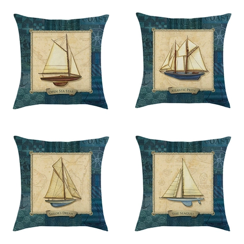 Vintage Nautical Linen Throw Pillow Cover Sailboat Anchor Compass Square Cushion Case For Sofa Living Room Home Decor