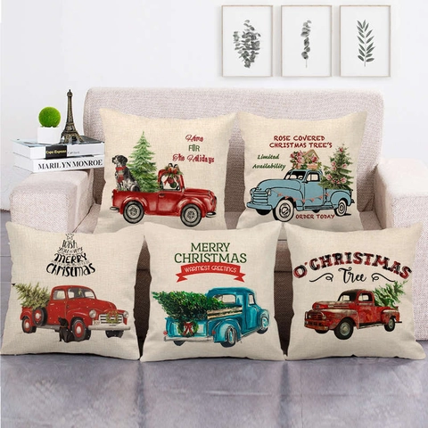 Kerst Kussensloop Linnen Retro Rode Truck Patroon Decoratieve Kussenhoes Voor Bank Thuis Vakantie Decor Vierkante Kussensloop