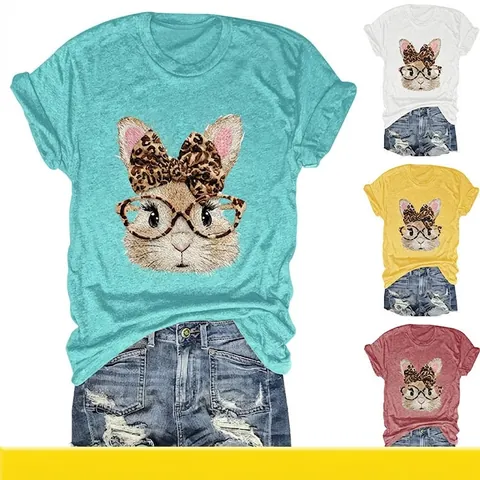Dames Casual Katoenmix T-Shirt Schattig Konijn Luipaard Bril Strik Grafische Print Ronde Hals Korte Mouw Losse Pasvorm Top