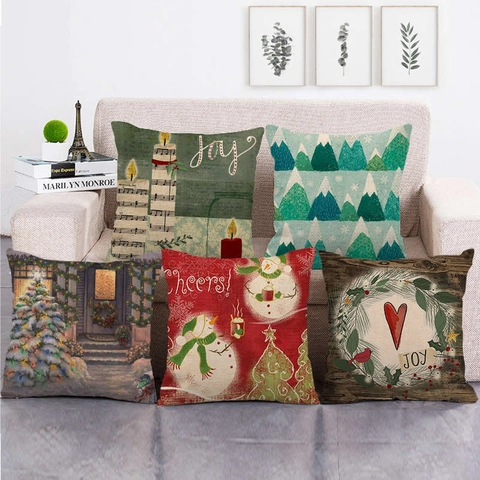 Fodera per Cuscino Natalizia Decorativa in Lino Farmhouse Inverno Pupazzo di Neve Renna Albero di Natale Modello Quadrato Copricuscino per Divano Casa Decor