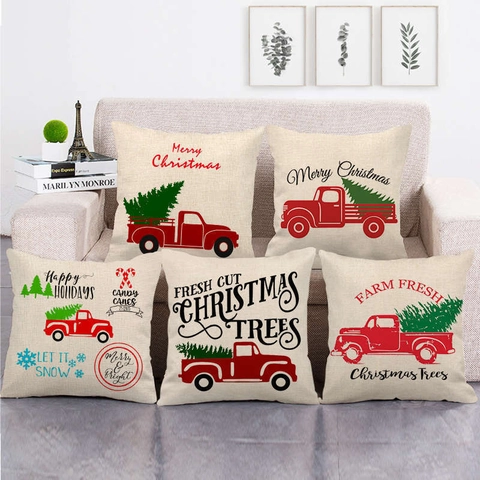 Weihnachts Kissenbezug Leinen Roter Lkw Tannenbaum Druck Dekorativer Kissenhülle Retro Feiertag Haus Sofa Deko