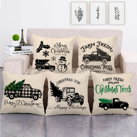 Taies D'Oreiller De Noël Mélange De Lin Camion Vintage Arbre De Noël Imprimé Housse De Coussin Maison De Ferme Décor De Canapé