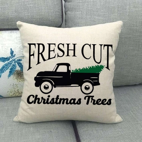 Taies D'Oreiller De Noël Mélange De Lin Camion Vintage Arbre De Noël Imprimé Housse De Coussin Maison De Ferme Décor De Canapé
