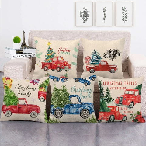 Funda De Cojín Navideño Mezcla De Lino Camión Rojo Retro Estilo Rústico Decoración Del Hogar Vacaciones