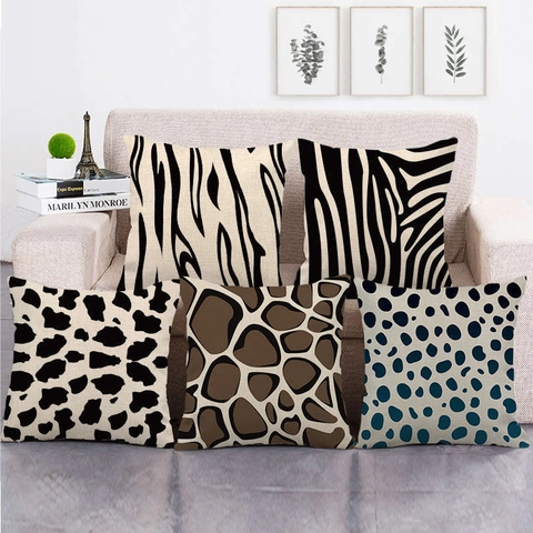 Linen Throw Pillow Case Square Decorative Cushion Cover Animal Pattern Zebra Leopard Giraffe Print For Sofa Living Room Home Decor