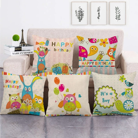 Federe Per Cuscini In Lino Animali Gufo Cartone Animato Happy Birthday Federe Decorative Quadrate Per Divano Decorazioni Casa