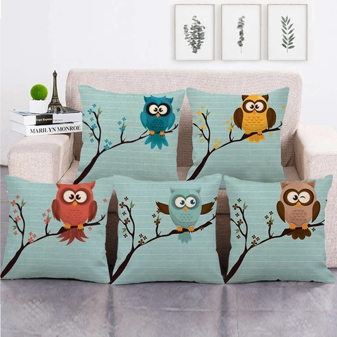 Vierkante Kussenhoes Linnen Cartoon Uil Print Decoratieve Kussensloop Voor Sofa Huisdecoratie