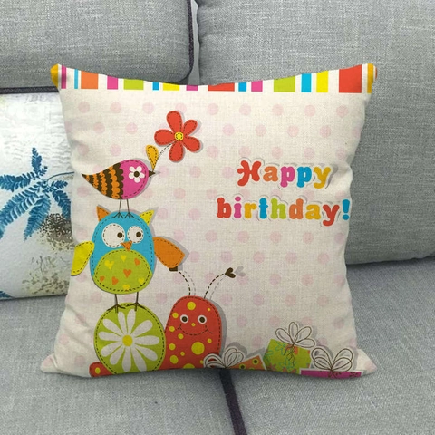 Federe Per Cuscini In Lino Animali Gufo Cartone Animato Happy Birthday Federe Decorative Quadrate Per Divano Decorazioni Casa
