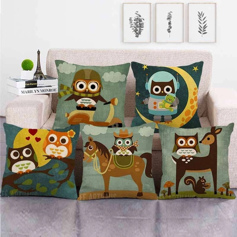 Cartoon Eule Leinen Kissenbezug Quadratisch Sofa Deko Kissenhülle Tiermuster Druck