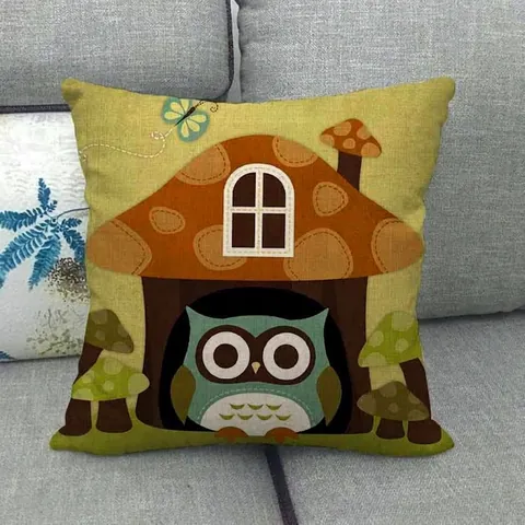 Cartoon Eule Leinen Kissenbezug Quadratisch Sofa Deko Kissenhülle Tiermuster Druck