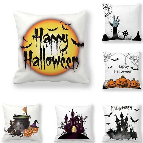 Halloween Διακοσμητική Μαξιλαροθήκη Peach Skin Velvet Τετράγωνη 45x45cm Σχέδιο Κολοκύθα Νυχτερίδα Μάγισσα Διακόσμηση Σπιτιού