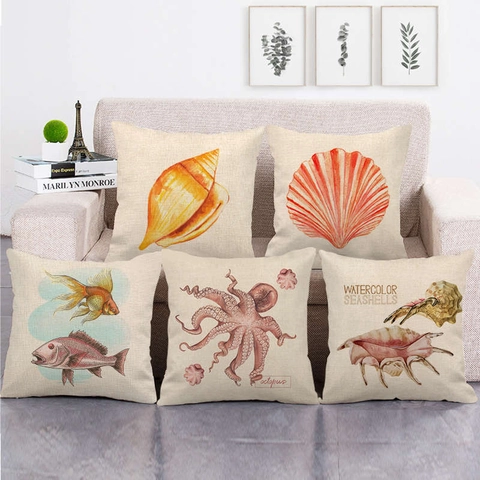Oceaan Thema Aquarel Zeewezens Linnen Kussenhoes Zeedieren Schelp Vis Inktvis Sierkussenhoes Huis Sofa Decoratie