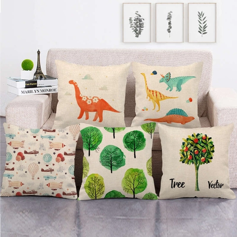 Funda de Cojín de Lino Patrón Natural Árbol Animal Funda de Almohada Decorativa para Sofá Sala de Estar Hogar Cuadrada Transpirable