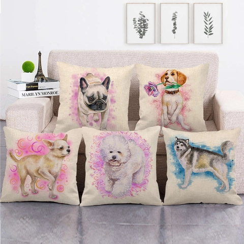 Fodera per Cuscino in Lino con Cane Acquerello Moderna Stampa Animale Quadrata per Divano Soggiorno Federa Decorativa
